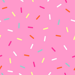 Pink donut seamless pattern glaze with colorful sprinkles. Vector illustration