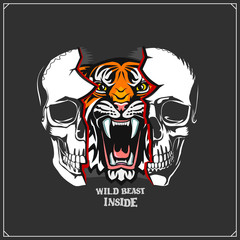 The emblem with tiger and skull for a sport team. Wild beast inside. Print design for t-shirt. 