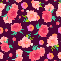 Pink garden wild flowers seamless pattern.