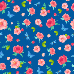Pink flowers and butterflies seamless pattern.