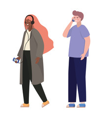 Boy and girl with smartphones vector design