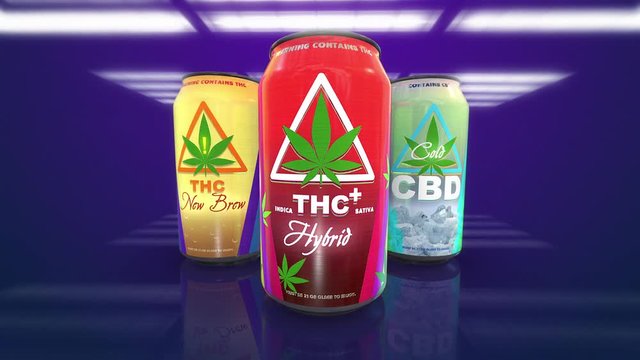 Set of marijuana drink can products. THC and CBD infused cans animate towards the viewer. 