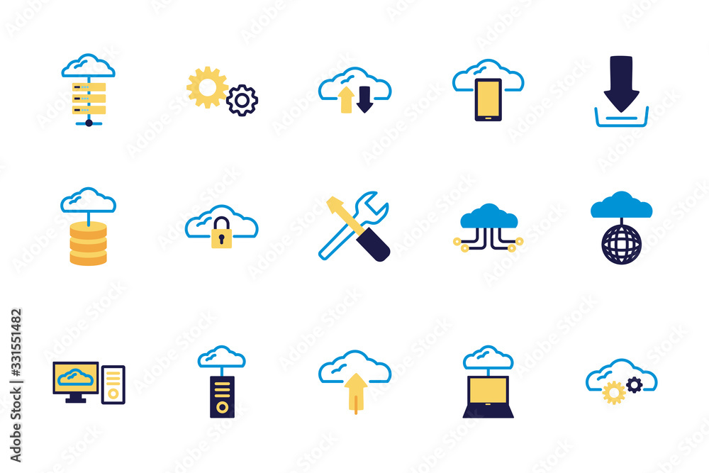 Poster bundle of cloud computing lineal colors style icons