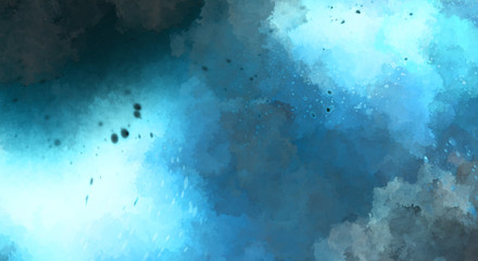 Watercolor painted background with blots and splatters. Brush stroked painting. 2D Illustration.