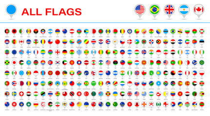 All World Flags - Vector Round Pin Flat Icons. 2020 versions of flags