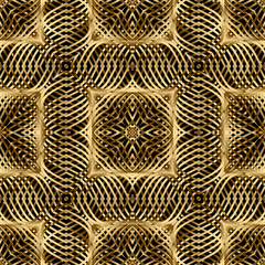 Gold 3d textured vector seamless pattern. Intricate lines surface background. Repeat modern golden backdrop. Line art tracery intricacy geometric ornaments. Luxury abstract design. Endless texture