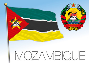 Mozambique official national flag and coat of arms, africa, vector illustration