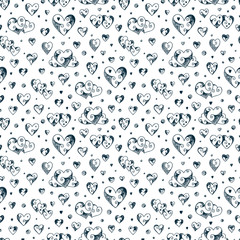 Hearts Seamless pattern. Hand drawn doodles Vector illustration. Happy Valentine's day. Black and white Valentine background.