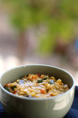 Bowl of stir-fry rice with vegetables. Selective focus.