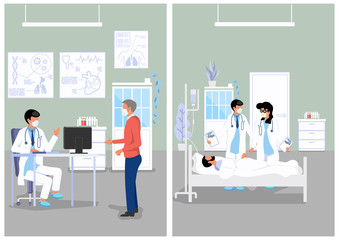 Medical Illustration of Doctor's Office and Hospital - Colored View of Current Medical Practice, vector