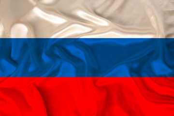 photo of the national flag of Russia on a luxurious texture of satin, silk with waves, folds and highlights, close-up, copy space, concept of travel, economy and state policy, illustration