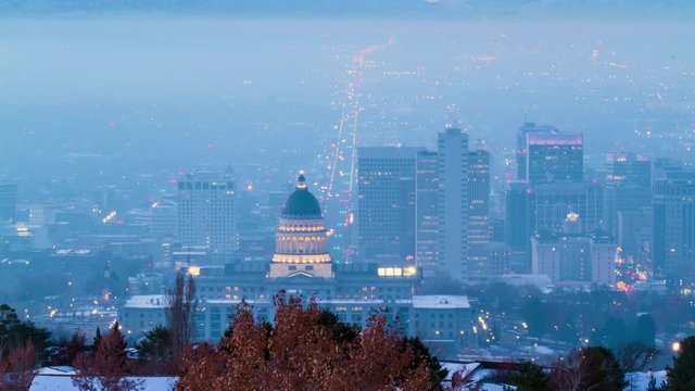 Timelapse of Salt Lake City Downtown and Capitol Building at Sunrise in Winter
