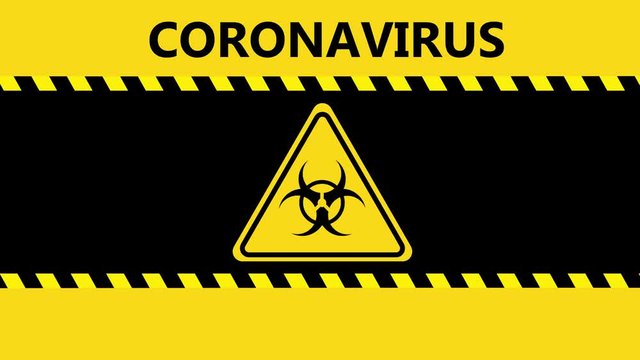 Yellow coronavirus warning with biohazard sign in triangle and danger text flashing. Unlimited animation.