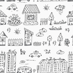 Vector Seamless pattern of doodle Cartoon houses