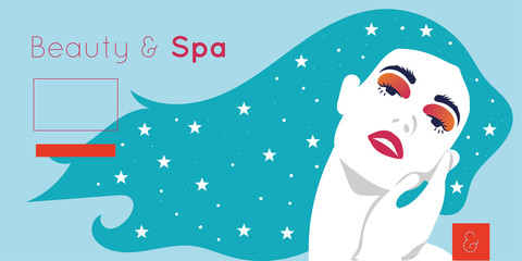 beauty and spa card with woman and stars in the hair