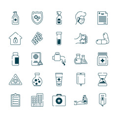 antibacterial gel bottle and covid 19 concept icon set, line style
