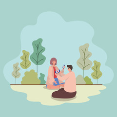 Girl and boy with smartphones at park vector design