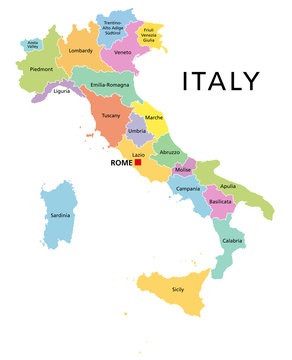 Italy, political map with multicolored administrative divisions. Italian Republic with capital Rome, their 20 regions and borders. English labeling. Isolated illustration on white background. Vector.