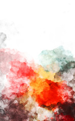 Watercolor painted background with blots and splatters. Brush stroked painting. 2D Illustration.