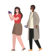 Boy and girl with smartphones vector design