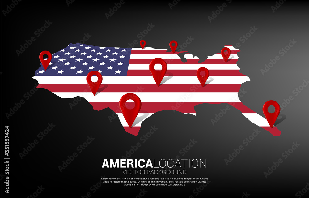 Poster 3d location pin marker on america map. concept for usa gps navigation system infographic .