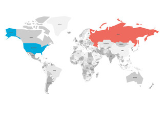 United States and Russia highlighted on political map of World. Vector illustration