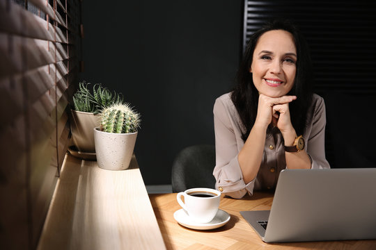 Beautiful Mature Woman Working With Laptop At Home