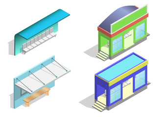 Isometric bus stop icon set.