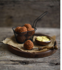 Bitterballen with mustard, warm fried snack, served in the Netherlands