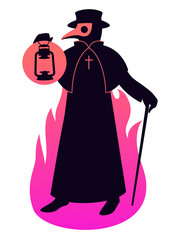 Plague doctor with a bird mask and a lantern, vector illustration on a fire background.