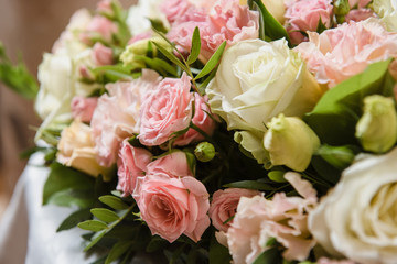 Colorful wedding bouquet on a table. Bridal bouquet. Luxury royal hotel. Valentine's day, birthday, dating or mother's day decoration