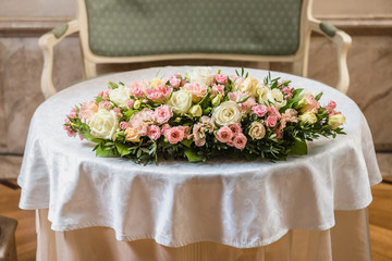 Colorful wedding bouquet on a table. Bridal bouquet. Luxury royal hotel. Valentine's day, birthday, dating or mother's day decoration