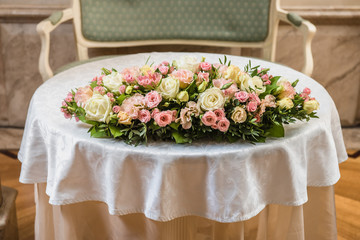 Colorful wedding bouquet on a table. Bridal bouquet. Luxury royal hotel. Valentine's day, birthday, dating or mother's day decoration