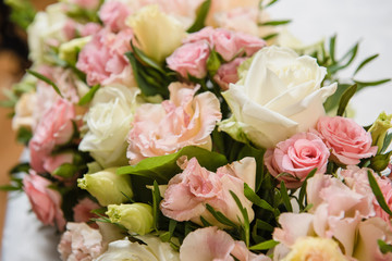 Colorful wedding bouquet on a table. Bridal bouquet. Luxury royal hotel. Valentine's day, birthday, dating or mother's day decoration