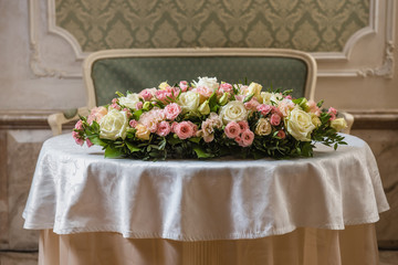 Colorful wedding bouquet on a table. Bridal bouquet. Luxury royal hotel. Valentine's day, birthday, dating or mother's day decoration