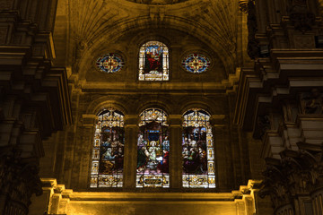 Stained glass windows in cathedral of Malaga, Spain