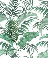Tapeten Nahtloses Vektormuster der grünen tropischen Palmblätter auf dem schwarzen Hintergrund. Trendiger Sommerdruck. © Logunova  Elena