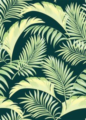 Green tropical palm leaves seamless vector pattern on the black background.Trendy summer print.