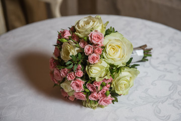 Colorful wedding bouquet on a table. Bridal bouquet. Luxury royal hotel. Valentine's day, birthday, dating or mother's day decoration