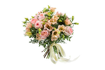 Fresh, lush bouquet of colorful flowers for present isolated on white background. Wedding bouquet of pink roses and freesia flowers