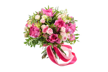 Fresh, lush bouquet of colorful flowers for present isolated on white background. Wedding bouquet of pink roses and freesia flowers