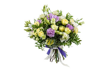 Fresh, lush bouquet of colorful flowers for present isolated on white background. Wedding bouquet of yellow roses and freesia flowers