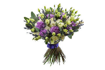 Fresh, lush bouquet of colorful flowers for present isolated on white background. Wedding bouquet of yellow roses and freesia flowers