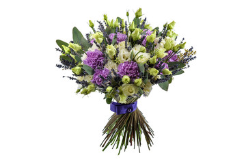 Fresh, lush bouquet of colorful flowers for present isolated on white background. Wedding bouquet of yellow roses and freesia flowers