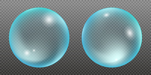 Transparent glass ball or sphere, blue water soap bubbles on a transparent background
