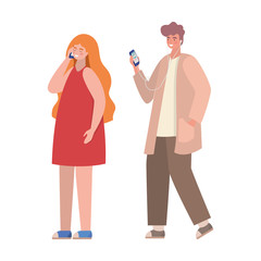 Girl and boy with smartphones vector design