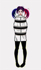 Vector illustration of a woman in cartoon style. Image of a superhero. A girl in a straitjacket. A comic book character with multicolored hair. Red and blue tails. Madness. Psychiatric hospital.