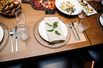 Banquet service. Catering food, snacks with cheese. Salad with shrimp. Different colorful meals for breakfast or lunch time. Restaurant interior