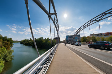 Fototapeta premium BAMBERG, GERMANY - SEP 11, 2019: Modern bridge of Bamberg, Germany