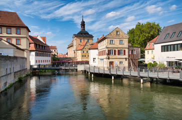 Fototapeta na wymiar BAMBERG, GERMANY - SEPTEMBER 11, 2019: Old Town Hall with city river